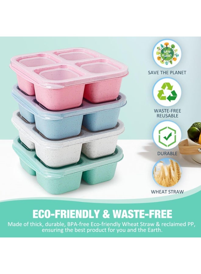 4 Pack Bento Snack Boxes Lunchable Containers for Kids & Adults, Wheat Straw 4-Compartment Reusable Food Storage Containers for Snacks & Small Meal (Multicolor & Clear Lids) - Image 4